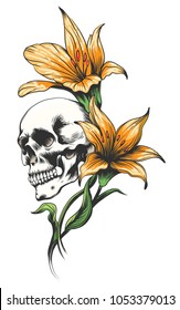 Skull with yellow orchids drawn tattoo style. Vector illustration.