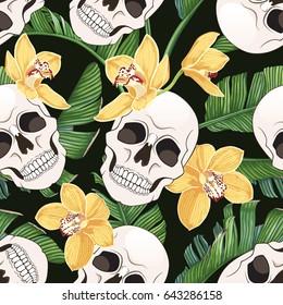 Skull, yellow orchids and tropical leaves on a dark background. Fashion seamless vector pattern.