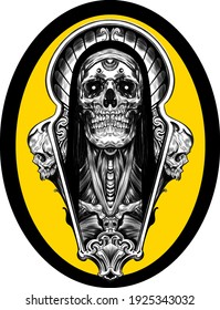 skull yellow psychedelic sketch tattoo print vector illustration