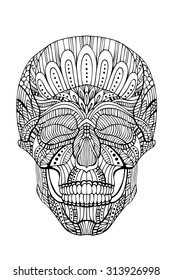 Skull zentangle. Human skull doodle. Human skull in zentangle style. Skull patterned. Tribal tattoo design. T-shirt design. Hand painted vector illustration
