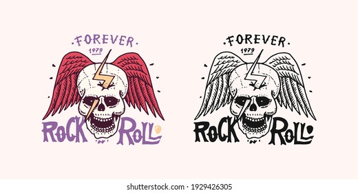 Skull with zipper and Angel wings. Cranium op braincase or death's head badge. Rock and Roll music logo. Heavy metal template for design t-shirt, night party. Hand drawn Engraved vintage sketch