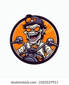 Skull zombie biker in motorcycle wearing helmet vector clip art illustration