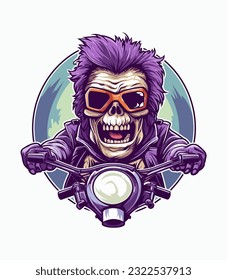 Skull zombie biker in motorcycle wearing helmet vector clip art illustration