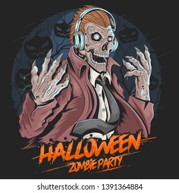 Skull Zombie Dj Music Party Halloween Element Vector