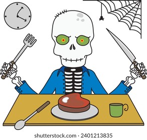 skull zombie having dinner at Halloween