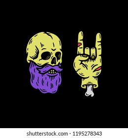 SKULL ZOMBIE WITH ROCK SIGN HAND BLACK BACKGROUND