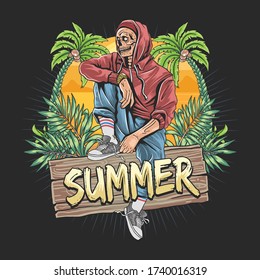 skull zombie summer with tropical leaf and coconut tree artwork vector