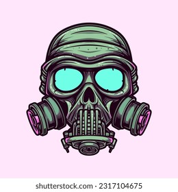 skull zombie wearing gas mask hand drawn logo design illustration