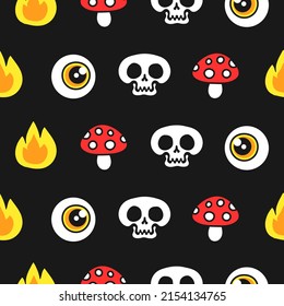 Skull,amanita mushroom,eye and flame seamless pattern,wallpaper.Vector hand drawn cartoon character illustration.Skull,fire,flame,eye,amanita mushroom seamless pattern wallpaper print