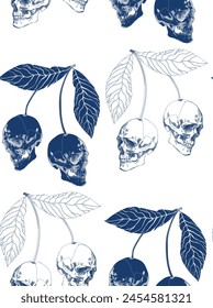 Skull-cherry pattern in vintage style on transparent background