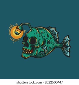 skull-faced angler fish illustration giving off light.eps