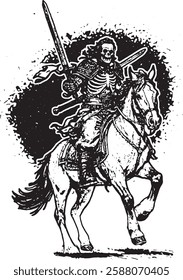 Skull-faced knights charged ferociously into battle, their sunken eyes shining with a terrifying presence. Clad in dark, tattered armor, they charge forward on powerful warhorses, their skeletal faces