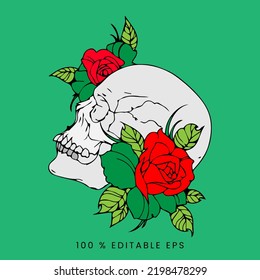 Skullhead with Flower inside illustration, art design, nature symbol, drawing style, vintage leaf, rose graphic, animal element