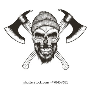 Skull-lumberjack with beard,hat and two axes.Prints design for t-shirts.Hand drawn illustration