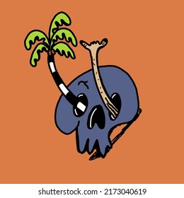 Skull,palm tree and hand,simple draw