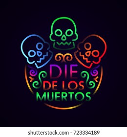 Skulls  abstract logo. Neon style sign. Day of the Dead(Dia de Muertos). Light banner, logo, emblem.