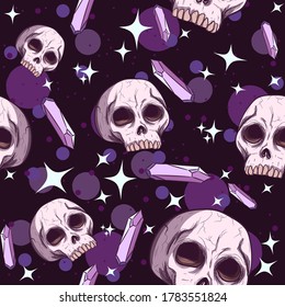 Skulls, amethysts and stars seamless pattern. Repetitive occult and wiccan background 