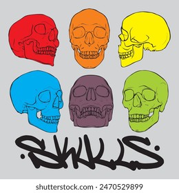 Skulls anatomy perspective head hand drawn cartoon illustration vector pop art color design pen drawing