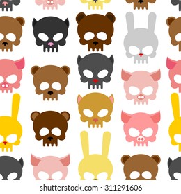 skulls animal seamless pattern. Background for Halloween. Snout bear and a pig. Skull rabbit and cat. Head skeleton pets
