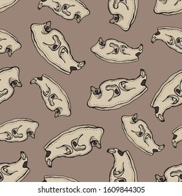 Skulls of animal seamless pattern. Doodle mammal skeleton. Hand drawn illustration on a brown background