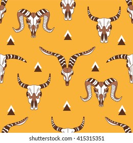 Skulls of animals hand drawn background. Doodle wallpaper vector. Colorful icon set seamless pattern