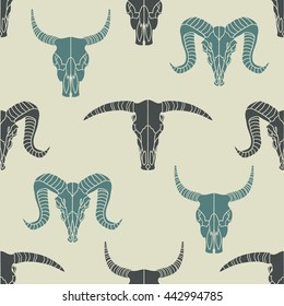 Skulls of animals hand drawn background. Doodle wallpaper vector. Colorful icon set