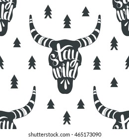 Skulls of animals hand drawn background. Doodle wallpaper vector. Black and white icon set seamless pattern. Stay wild design