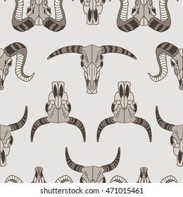 Skulls of animals hand drawn background. Doodle wallpaper vector. Colorful icon set seamless pattern