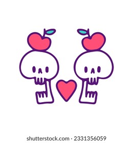 Skulls, apple, and love symbol, illustration for t-shirt, sticker, or apparel merchandise. With doodle, retro, and cartoon style.