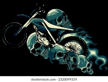 skulls around motocross motorcycle with flames on black background