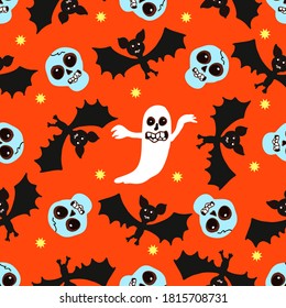 Skulls and bats on an orange background. Vector pattern for textiles, family holiday Halloween, background, Wallpaper, wrapping paper, fabric.