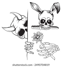 Skulls and bones. Black and white vector illustration for coloring book.