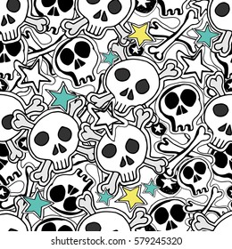 Skulls and bones doodles. Vector seamless pattern. Hand drawn illustration.