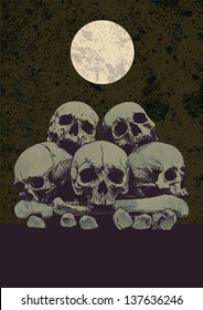 skulls, bones, full moon and grunge background with place for your text. vector illustration.