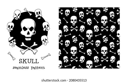 Skulls with bones. Funny seamless pattern.