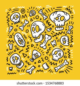 Skulls and bones hand-drawing. Vector calligraphy illustration isolated on white background. Typography for banners, badges, postcard, t-shirt, prints, poster.
