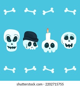 Skulls and bones. Happy Halloween collection skulls. Skulls isolated. Collection orange skulls with scary cute spooky faces. Halloween. Vector illustration
