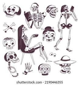 Skulls and bones, isolated skeleton man and woman characters. Female drinking tea and male smoking cigarette. Funny and active personages. Monochrome outline for tattoo sketch. Vector in flat