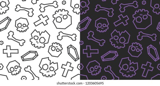 Skulls and bones low poly seamless pattern. Black and white background, 2 versions.