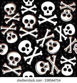 skulls and bones on messy confetti Halloween seamless pattern on dark background