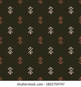 Skulls and bones print seamless pattern. Hand drawn little abstract shapes on dark brown background. Vector illustration for seasonal textile prints, fabric, banners, backdrops and wallpapers.