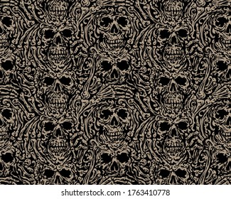 Skulls and bones seamless ornament.
Theme of death and burial in baroque style. Seamless ornament (pattern). Can be repeated seamlessly.
