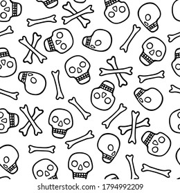 Skulls and bones seamless pattern. Black and white hand drawn doodle background for halloween and dia de los muertos. Prohibiting danger sign. Rock and roll symbol. Stock vector illustration.