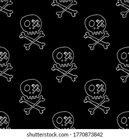 Skulls and bones Seamless pattern. Cute Doodles pirate sketch. Hand drawn Cartoon Vector illustration.