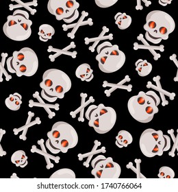 Skulls and bones seamless pattern on black. Vector Halloween background textile wrapping paper design.