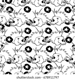 Skulls and bones. Vector cute punk rock abstract background. Hand drawn monochrome seamless pattern. Cartoon style. 