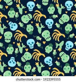 Skulls, cacti, hearts, and hands. A pattern for a family holiday Halloween. For fabrics, wallpaper, textiles, backgrounds, packaging paper, postcards, stickers.