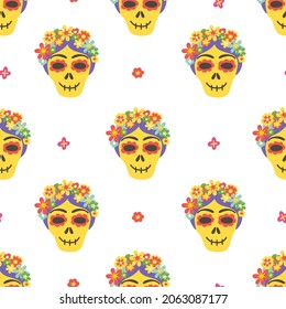 Skulls catrina seamless pattern. Calavera Halloween design. Day of the Dead mexican background. Dia de los Muertos card. Mexico holiday texture. Cinco de Mayo. Embroidery banner. Vector illustration.