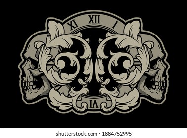 Skulls  clock   foliage pattern dark background 