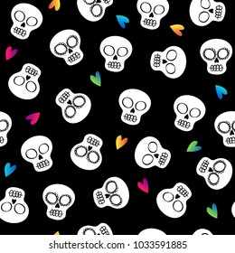 Skulls and colorful hearts seamless pattern. Dia de los Muertos - day of the dead holiday background.
